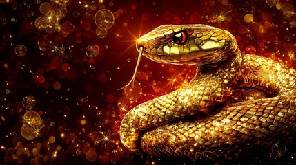 Poster - A shimmering snake wrapping around a glowing number 2025 with abstract shapes of gold and red filling the background Stock Photo with side copy space