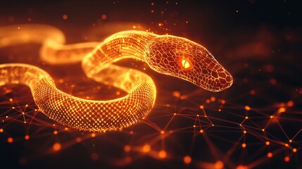 Poster - A shimmering snake wrapping around a glowing number 2025 with abstract shapes of gold and red filling the background Stock Photo with side copy space