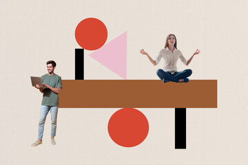 Aufkleber - Creative collage geometry figures colleagues woman man project management meditation self control asana zen lotus pose browsing pc