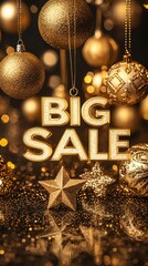 Poster - A luxurious gold glitter background with festive decorations framing BIG SALE in elegant white typography Typography BIG SALE Stock Photo with side copy space