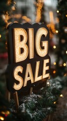 Poster - A luxurious gold glitter background with festive decorations framing BIG SALE in elegant white typography Typography BIG SALE Stock Photo with side copy space
