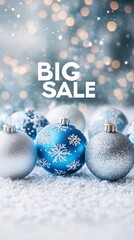 Poster - A glittering silver and blue holiday background with ornaments and BIG SALE in striking white typography Typography BIG SALE Stock Photo with side copy space