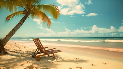 Poster - A beach chair rests under a palm tree on a sunny, sandy tropical island, with clear blue skies and serene ocean waves in the background on a bright afternoon.