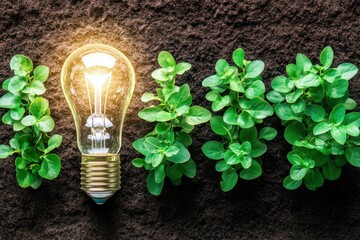 A light bulb glows in the soil surrounded by green plants, representing sustainability.