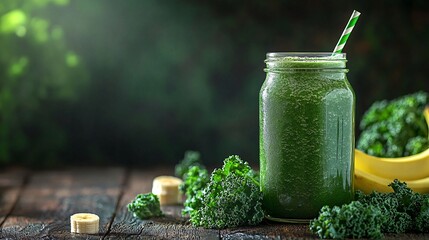 Poster - A fresh green smoothie in a glass jar surrounded by spinach kale and bananas emphasizing the importance of nutrient-packed beverages for a healthy lifestyle Stock Photo with side copy space