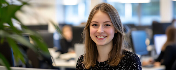 A close-up portrait of a smiling young businesswoman in an office setting. Her friendly expression and bright demeanor create a positive work atmosphere