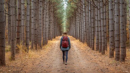 Aufkleber - A person hiking through a forest trail with tall trees and natural light shining through symbolizing outdoor activity and the connection between nature and wellness Stock Photo with side copy space