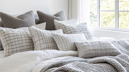 Poster - A cozy bed setup with plush pillows and warm blankets promoting the importance of quality sleep for mental and physical health Stock Photo with side copy space