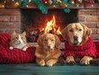 © MILKY_PS - Cozy Christmas Fireplace Scene with Family Pets Golden Retriever, Labrador, and Cat Enjoying Festive Cheer by the Fire