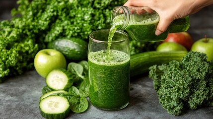 Poster - A person preparing a fresh green juice with ingredients like spinach cucumber and apples promoting healthy detoxification and nourishment Stock Photo with side copy space