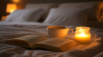 Poster - A peaceful nighttime routine with dim lighting a book and a cup of warm tea representing relaxation before sleep Stock Photo with side copy space