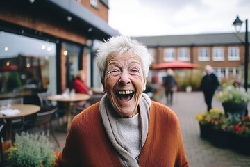 Portrait of a senior woman laughing in an outdoor cafe, toned