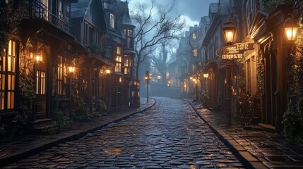 Canvas Print - An empty cobblestone Victorian street, illuminated by the warm glow of gas lamps. The scene is quiet and moody, with a nostalgic atmosphere.