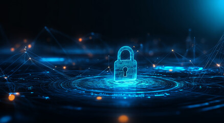 Poster - Abstract background with a digital padlock on blue glowing connection 