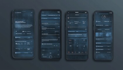 Four smartphone mockups displaying different interface designs, featuring a dark blue color scheme and a textured background.