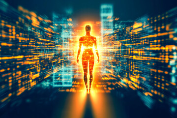Poster - A glowing, abstract representation of a woman in dynamic motion with lines of digital data creating a futuristic aura.