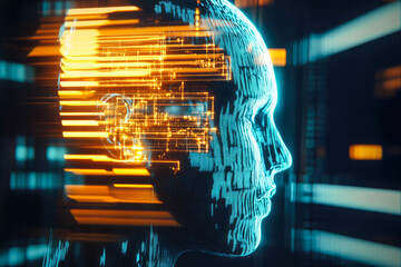 Poster - A futuristic digital head with dynamic neon lines and data streams, symbolizing artificial intelligence and modern technology.