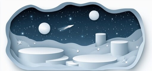 Wall Mural - a stylized space scene featuring a rocket, planets, and abstract terrain in a night sky.