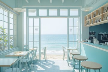 A contner coffee and milk tea shop is located by the seaside, with off-white as the mn color, complemented by soft light blue, blending harmoniously with the coastal landscape.