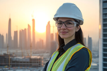 Confident female engineer in hard hat and safety vest overlooking cityscape at sunset