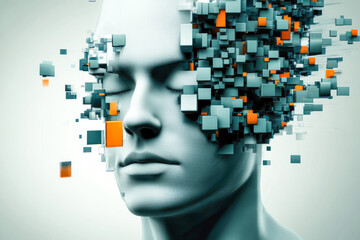 Poster - A cubic digital face with dispersing blocks, blending technology and modern design in an abstract minimalist style.