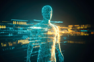 Poster - A human form portrayed in cyberspace, surrounded by numerical data streams, blending physical presence with digital existence.