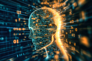 Poster - A digital head silhouette filled with binary code, blending technology and human in a futuristic visual representation.