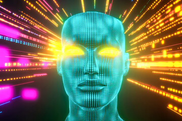 Poster - A futuristic face lit by vibrant neon bursts, combining elements of technology and human emotions into a digital artwork.