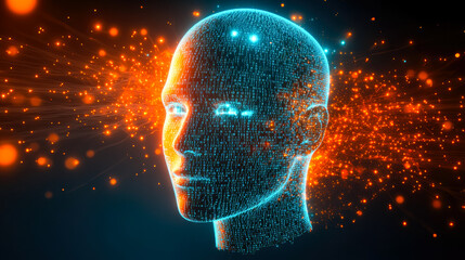 Poster - A digital human head surrounded by vivid sparks and binary code, symbolizing the connection between data and identity.