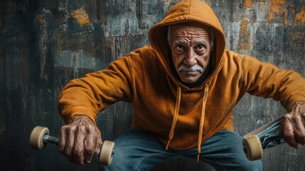 An elderly man in a hoodie poses with a skateboard, exuding strength and determination.