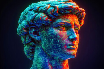 Poster - A digital interpretation of a classical bust, infused with glowing circuitry, evoking a futuristic technological essence.
