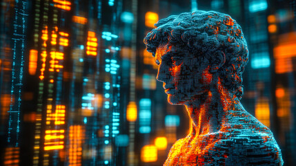 Poster - A futuristic cyber sculpture emanating vibrant orange and blue hues, representing the intersection of art and digital technology.