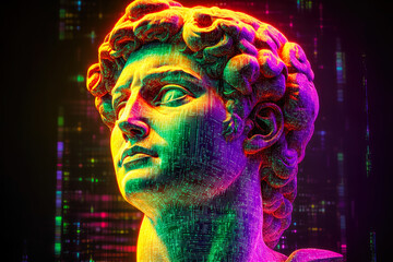 Poster - A vibrant bust with vivid neon colors and digital design elements, showcasing the fusion of classic art with modern technology.