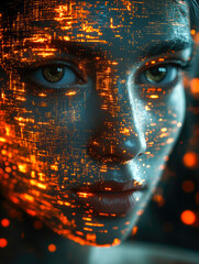 Poster - Face covered in a fiery digital pattern, illustrating the synergy between human features and technological motifs.