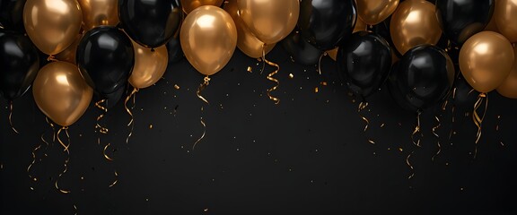 Elegant black and gold balloons with confetti on dark background, party celebration decor