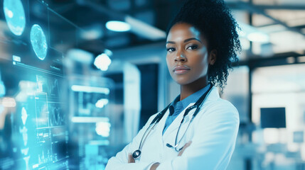 Confident female doctor in futuristic hospital with holographic medical technology interface