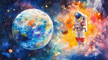 Watercolor painting of an astronaut floating in space with Earth in the background.