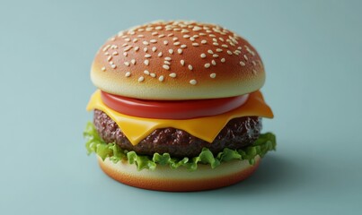 Isometric burger with lettuce, cheese, and tomato layers, detailed fast food icon, 3D icon set