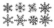 © Lyona - Set of Hand Drawn Snowflakes. Black line drawn cute silhouette snowflake isolated on white. Element for winter design. Collection snowflakes ink freehand. Vector illustration