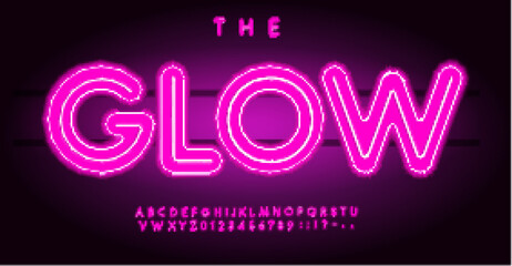 Leinwandbilder - Glow neon alphabet, bright luminous letters, shiny glowing font for nightlife signage, modern club flyers, electric urban design, flashy graphic typeface. Vector typeset.