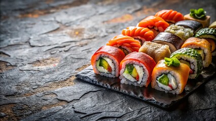 Wall Mural - Minimalist Sushi Rolls Set on Stone Background - Elegant Culinary Presentation, Japanese Cuisine, Gastronomy, Delicious Sushi, Food Photography, Healthy Eating, Gourmet Experience