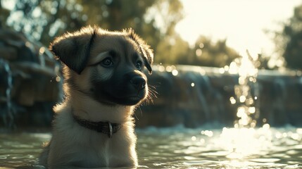 Wall Mural - Puppy in Water.