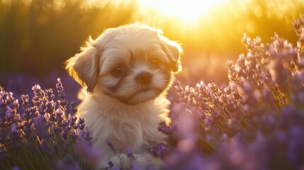 Wall Mural - Puppy in Lavender Field.