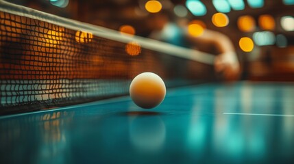 A ping pong ball hovers just above the table surface in a lively indoor space, with blurred lights creating a vibrant atmosphere and a player preparing to take a shot in the background.