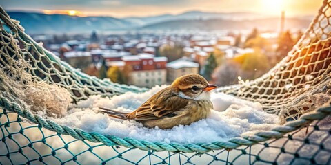 Canvas Print - Newborn Bird Nesting on Human-Made Net in Winter, Aerial Photography of Baby Birds, Wildlife in Urban Settings, Winter Home Environment, Nature Photography