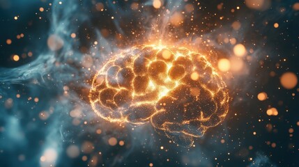 Brain bursting into light particles, symbolizing expanding consciousness or cognitive breakthroughs--great for personal development seminars.