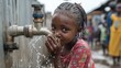 © Uliana - Young girl in an urban slum drinking water from a communal faucet, water splashing as the scarcity of clean water increases due to pollution and drought.