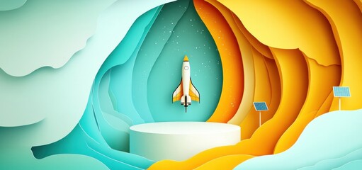 Wall Mural - a stylized rocket launch scene set in a vibrant, abstract environment.
