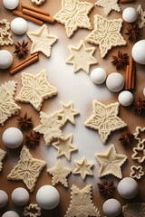 Wall Mural - Abstract background with Christmas raw dough star cookies, spices and white baubles on wooden board. Vertical composition.