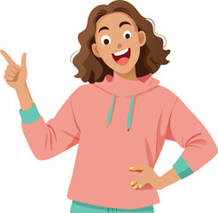 young woman pointing and smiling cartoon illustration